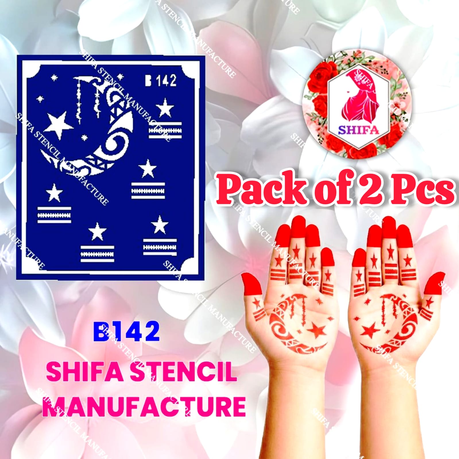 B142 (age 5 to 10) Celestial Swirl Crescent Magic Double Hand Henna Stencil - Shifa Stencil